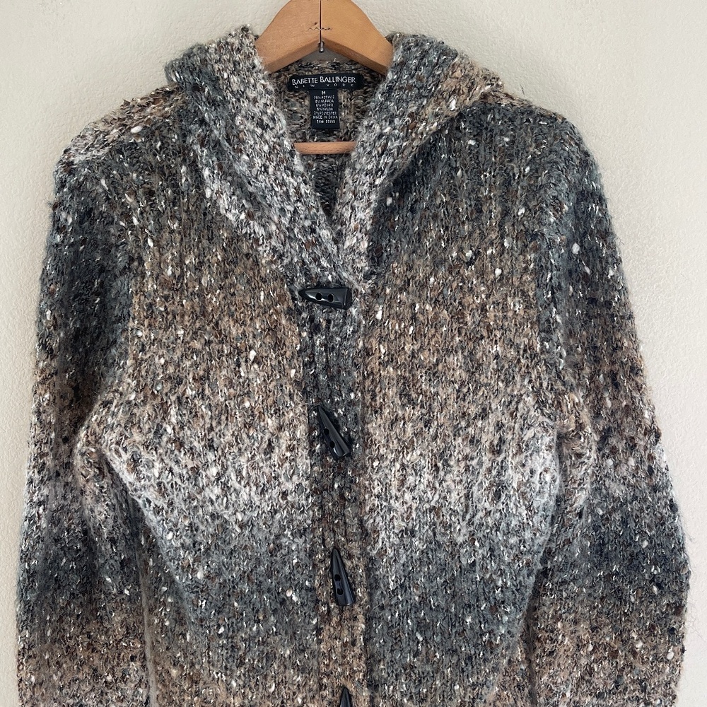 BABETTE BALLINGER Hooded Grey/Brown/White Cardigan is NWOT! MEDIUM: Retail $225!